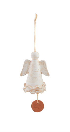 Handcrafted glazed terracotta angel wind chime with rope hanger