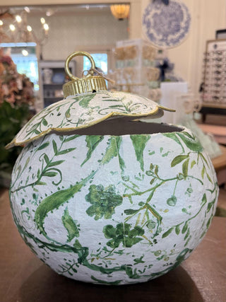 Chinoiserie Ornament Box featuring a red and white floral pattern with elegant gold accents.