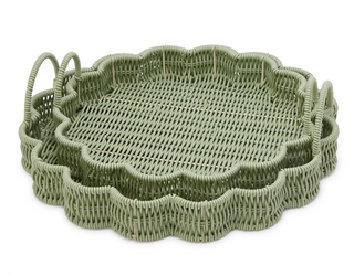 Green wicker round serving tray with scalloped edge and handles

All-weather wicker scalloped edge green serving tray

Round green wicker tray for patio or outdoor entertaining

Decorative green wicker serving tray with scalloped rim