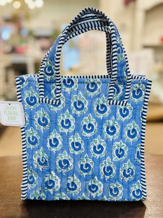 Periwinkle Garden quilted mini tote bag with blue floral print

Blue floral quilted mini tote bag with striped handles

Periwinkle Garden mini tote bag with quilted texture

Small quilted floral tote bag in blue and white

Quilted mini tote bag with periwinkle floral pattern