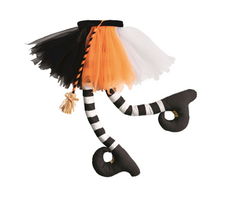 Crashing Witch Legs Halloween decoration with black and white striped stuffed legs, orange, black, and white tulle tutu, raffia broom, and suction cups for windows or doors.