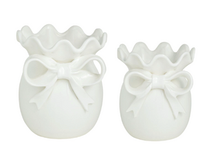 White ceramic bow vase with ruffle rim