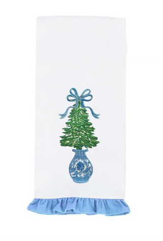 Tea Towel Winter Pines Tree with blue ruffle trim and embroidered Christmas tree