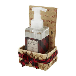 Red check soap and guest towel gift basket with foaming hand soap and kraft guest towels

Holiday soap and towel set in woven water hyacinth basket with buffalo plaid ribbon

Toasted marshmallow foaming hand soap and guest towel set in decorative basket

