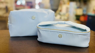 Blue stripe cosmetic bags set with zipper closure