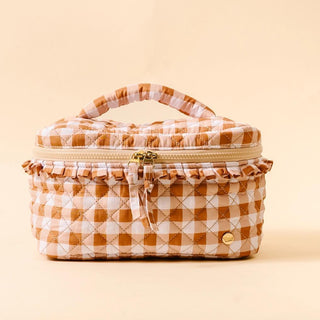 Maple Gingham Glam & Go Quilted Cosmetic Bag with ruffle trim and gold zippers