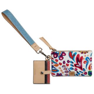 Consuela Bianca Combi wristlet pouch set with colorful print pouch, glitter wrist strap, and card wallet