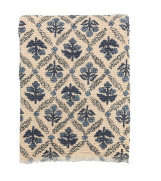 Blue cotton block print throw blanket with floral pattern