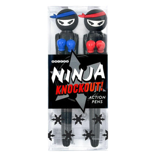 Ninja Knockout Action Pens set with red and blue ninjas

Snifty Ninja Knockout pens boxing action toy set

Fun ninja-themed action pens for kids

Pair of ninja pens with red and blue gloves

Ninja Knockout novelty writing pens in gift packaging