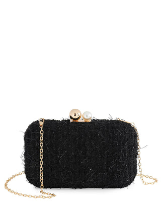 Black tweed evening clutch with gold and pearl clasp

Elegant black minaudière with gold chain strap

Textured black clutch purse with pearl and gold accents

Chic black evening bag with detachable gold chain

Glamorous tweed clutch for parties and special occasions
