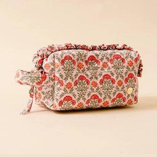 Everbloom Dusty Rose Essentials Quilted Cosmetic Pouch with floral print and ruffle trim