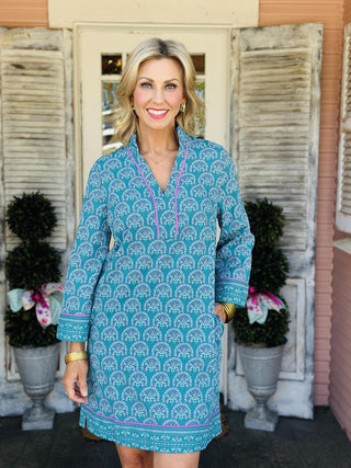 Vibrant teal printed tunic dress with three-quarter sleeves – Brenda Flora Dress