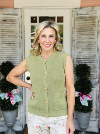 Brynleigh green button-down knit vest with gold-tone buttons
