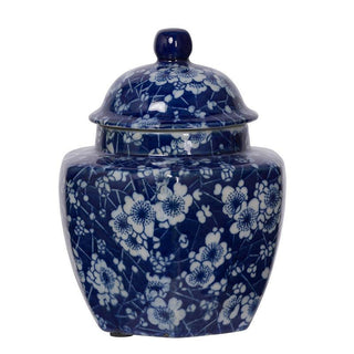 Mini chinoiserie porcelain jar with blue floral pattern and lid