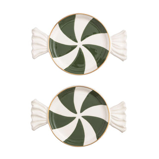 Green and white peppermint-shaped tidbit plates with gold rims, set of two

Pink and white peppermint candy-shaped ceramic plates with gold accents, set of two

Red and white peppermint candy-shaped tidbit dishes, hand-painted with gold trim, set of two