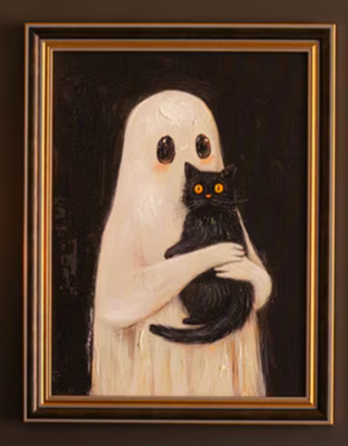 Set of two Halloween ghost paintings with black cat and spooky reading scene
