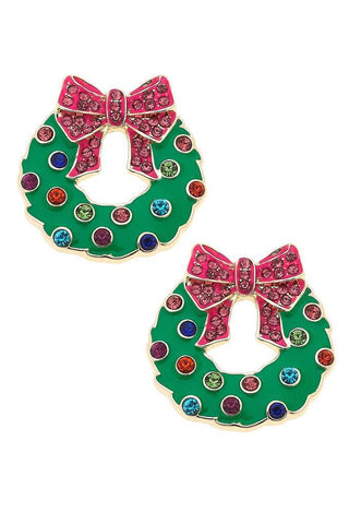 “Green bejeweled Christmas wreath earrings with pink bow and multicolor rhinestones.”

“Holiday wreath stud earrings with colorful gems and gold trim.”

“Festive green wreath earrings with rhinestones and pink jeweled bows.”

“Bejeweled Christmas wreath earrings in green with multicolor sparkle.”