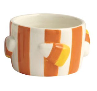 Hand-painted ceramic Halloween tidbit dishes with black and orange striped designs featuring raised ghost, skull, candy corn, bat, and bow accents.