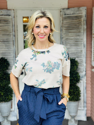 Eliana floral sweater top with short sleeves in cream knit fabric