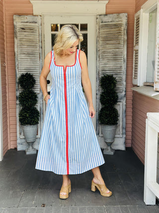 Hadlee Light Blue Dress striped sleeveless midi dress with contrast trim