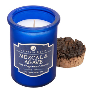 Mezcal & Agave scented candle in cobalt blue glass jar with cork lid