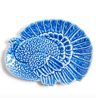 Blue Reactive Glaze Turkey Platter featuring sculpted turkey design for Thanksgiving serving
