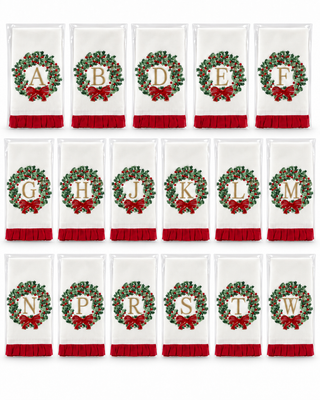 Initial Tea Towel Wreath & Ribbon with monogram letter and red ruffle trim