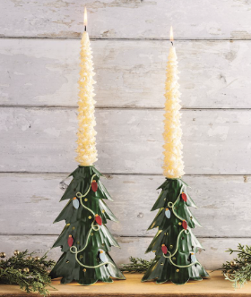 Pair of hand-painted tin Christmas tree taper holders with LED lights

Green metal Christmas tree candle holders with string light design

Festive LED-lit Christmas tree taper holders for holiday décor

