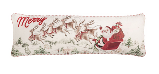 "Santa scene lumbar pillow with flying reindeer and Merry embroidery"

"Christmas lumbar pillow featuring Santa’s sleigh and reindeer design"

"Holiday decorative pillow with Santa, reindeer, and tartan backing"


