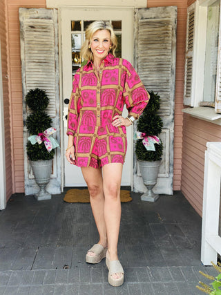 Uncle Frank Block Tropical Romper in hot pink and brown tropical print with button front and pockets