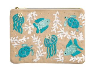 Coastal luxe embroidered canvas zipper clutch with beading