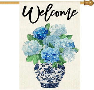 Hydrangea floral chinoiserie welcome house flag 28x40 inch