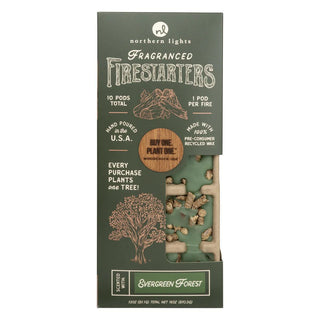 Fragranced Firestarters in Whiskey & Tobacco scent with 10 easy-light wax pods for fireplaces, campfires, wood stoves, and outdoor fire pits.