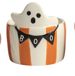 Hand-painted ceramic Halloween tidbit dishes with black and orange striped designs featuring raised ghost, skull, candy corn, bat, and bow accents.