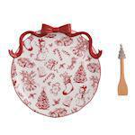 Red and white Christmas bow cookie plate with spatula

Toile print holiday cookie plate with red dimensional bow

Stoneware Christmas cookie plate with wooden tree spatula

Festive cookie serving set with red bow and holiday spatula