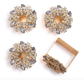 Jeweled Wreath Square Napkin Rings with gold and crystal accents