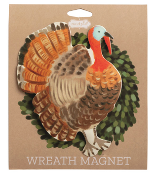 Turkey Wreath Magnet featuring a colorful turkey figural tin charm with a magnetic back for interchangeable Thanksgiving wreath décor.