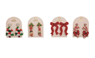 Holiday Beaded Earrings featuring festive Christmas designs including trees, holly, bows, candy canes, and colorful beaded details with hypoallergenic posts.