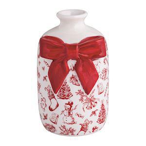 Stoneware bud vase with red bow and Christmas toile print

Holiday toile bud vase with hand-painted red bow accent

Small decorative Christmas vase with red festive illustrations

Bow-adorned white vase featuring red holiday toile design