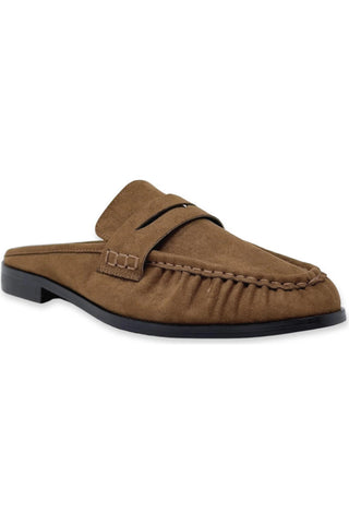 Tuscany Flat Mules featuring a brown faux suede upper and classic penny strap