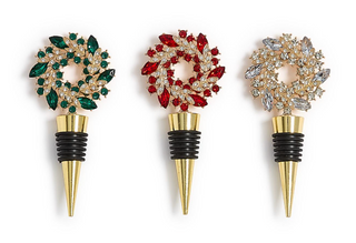 Holiday Wreath Jeweled Bottle Stoppers in red, green, and white