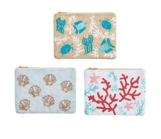 Coastal luxe embroidered canvas zipper clutch with beading