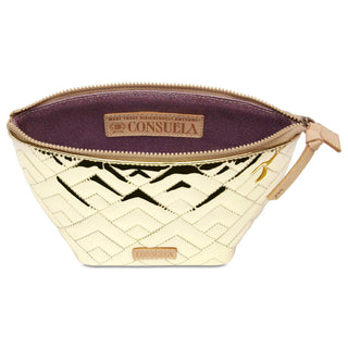 Consuela Evadney Large Tool Kit with quilted gold metallic exterior

Consuela Evadney gold quilted cosmetic and tool pouch with zip closure

Interior view of Consuela Evadney Large Tool Kit with wipeable vinyl lining

Consuela Evadney Large Tool Kit with leather zipper pull and logo detail