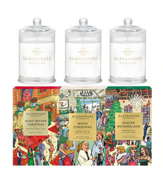 Glasshouse Mini Christmas Candle in festive holiday packaging