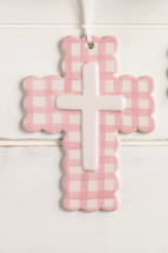“Gingham ceramic cross ornament with layered design”