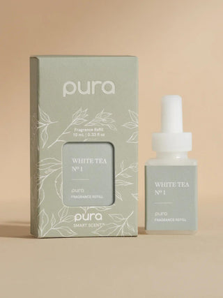 Pura Smart Fragrance Vial in White Tea No. 1 featuring bergamot, cardamom, white tea, jasmine, and creamy woods.