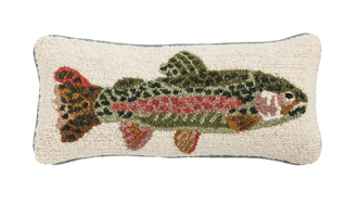 Trout hooked wool lumbar pillow with cotton piping