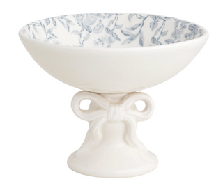 Toile bow ceramic pedestal candy dish with blue patterned interior