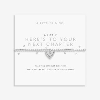 A Little Here’s To Your Next Chapter silver bracelet with heart charm on sentiment card