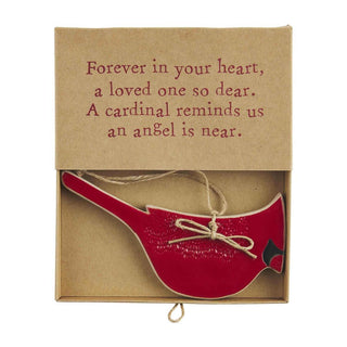 Hand-painted red cardinal ornament with twine hanger in gift box

Stoneware cardinal ornament with sympathy message packaging

Memorial cardinal Christmas ornament with red bird design

Red cardinal boxed ornament with sentimental verse

